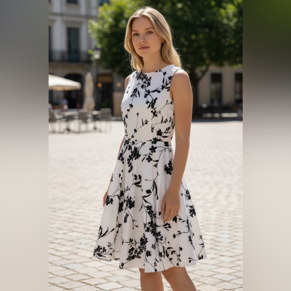 Elegant Black Floral Print on White Midi Dress - Belted A-Line Style